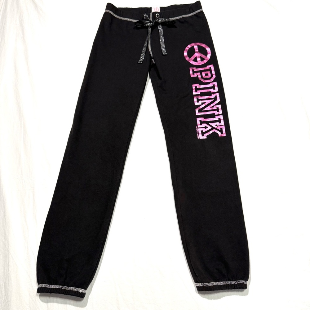 VS PINK Women Sz XS Boyfriend Black Sweatpants Fleece Lined PINK Spellout Y2K
